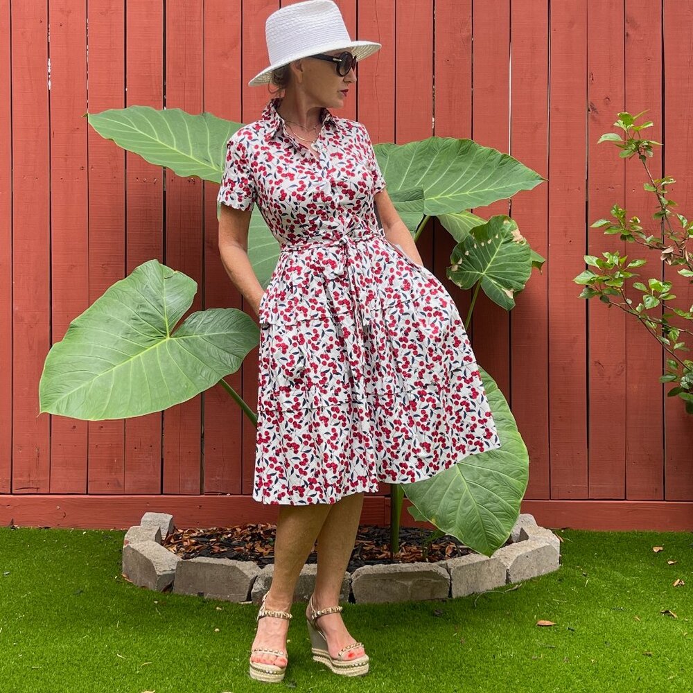 NWT Donna Morgan Cherry Print A-line Stretch Cotton Belted Shirt Dress